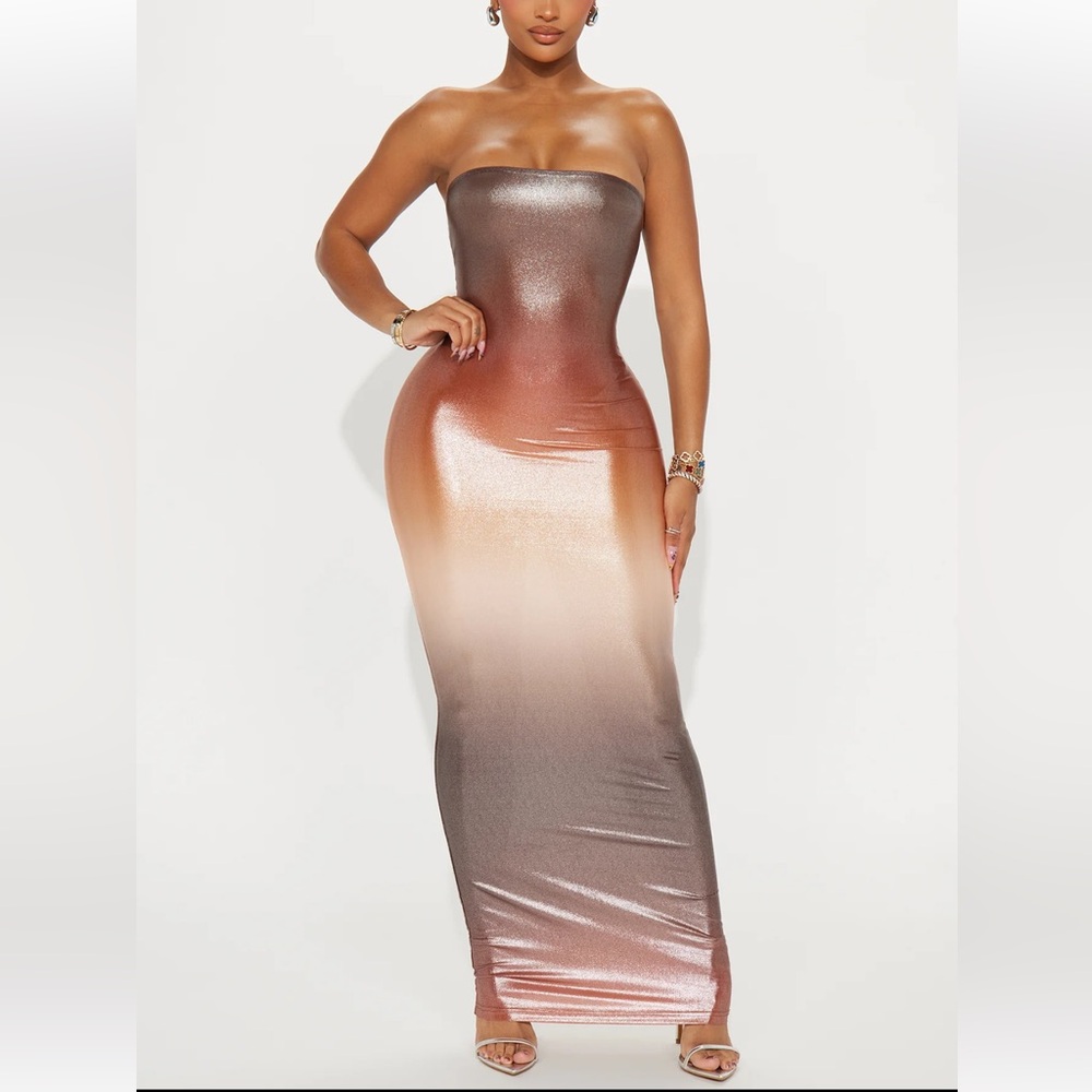 Brighter You Metallic Maxi Dress - Brown/combo from Fashion Nova